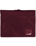 A maroon satchel with a textured surface and a small patch. It has a top opening and no visible logos.