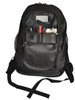 A black executive backpack featuring multiple compartments, including pockets for pens and a phone.