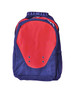 A navy and red backpack with a sleek design and mesh side pocket, featuring a logo on the front.