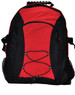 A red and black backpack with adjustable straps, mesh side pockets, and a bungee cord design on the front.