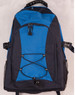 A blue and navy backpack with multiple compartments, a front bungee cord design, and side mesh pockets.