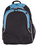 A black and blue backpack featuring a mesh side pocket and a front zippered compartment, with a logo.