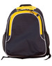 A dark blue backpack with yellow accents and mesh side pockets. It features a logo on the front.