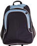 A navy blue and light blue backpack featuring a front pocket and mesh side pockets. It has a logo on it.