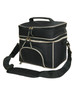 A black travel cooler bag with a double zip closure and an adjustable shoulder strap. It features a front pocket and a carry handle.