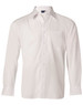 A white men's poplin long sleeve business shirt with a button-up front and a pocket on the chest.