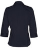 A navy women's button-up shirt with 3/4 sleeves and a collared neckline, featuring a logo.