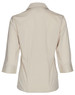A beige women's button-up shirt with three-quarter sleeves, featuring a back view and a logo at the collar.