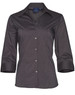 A women's dark grey 3/4 sleeve button-up shirt with a collar and branded label.