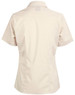 A beige short sleeve button-up shirt with a fitted design and a collar, featuring a logo on the back.