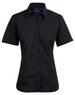 A black short sleeve button-up shirt with a collar and a logo on the tag.