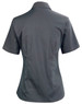 A dark grey short sleeve button-up shirt with a fitted design and a collar, featuring a logo.