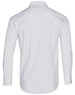A white long sleeve button-up shirt with a smooth finish and a collar, featuring a logo.
