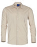 A light beige long sleeve button-up shirt with a chest pocket and logo, made from Teflon fabric.