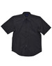 A short sleeve black button-up shirt featuring a chest pocket and a logo on the collar.