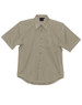 A light beige men's short sleeve button-up shirt with a chest pocket and a logo.