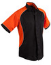 A black button-up shirt with orange contrast sleeves and white piping. It features a logo on the chest.