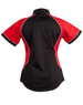 A women's button-up shirt featuring a black body and red contrast panels, with white piping details.