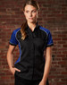A women's button-up shirt featuring a black base with blue contrast panels and white piping, displaying a logo.