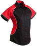 A women's button-up shirt featuring a contrast design in black and red, with a logo on it.