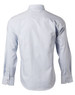 A long-sleeve, button-up shirt in light blue with vertical stripes and a collar, featuring a logo on the back.