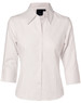 A ladies' pinstripe long sleeve shirt in cream, featuring a button-up front and a collar. The shirt has a logo.