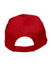 A red polycotton twill cap featuring an adjustable strap and a round back. It has a logo on the back.