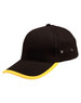 A black cap with a yellow peak, featuring metal eyelets and a curved brim. It has a logo on the front.