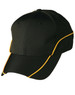 A black cap featuring a contrast yellow lining along the seams. It has a logo on the front.