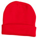 Acrylic beanie in bright red, featuring a ribbed texture and folded cuff. It has a small logo on its side.