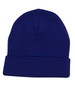 A blue acrylic beanie with a folded ribbed cuff and a smooth crown, featuring a logo on the side.