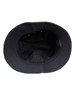 A black bucket hat with a contrasting brim, featuring an inner lining and a logo.