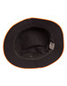 A black bucket hat with an orange contrast trim, featuring a branded tag inside.