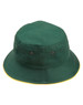 A green bucket hat with a contrast yellow trim and a logo on the side.