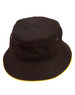 A black bucket hat with a contrast yellow trim and a small logo. It has a soft washed texture.