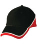 A black cap with red and white contrasting accents and a logo on the front.