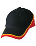 A cap featuring a black body with contrasting red and yellow accents around the brim and sides, including a logo.