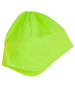 A bright yellow polar beanie with ear covers, featuring a simple design and a logo.