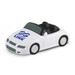 A white stress car toy with a black interior and a logo on the side. A white stress car toy with a black interior and a logo on the side.