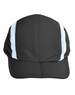 A black foldable cap with light blue stripes and a logo on the front. Ideal for headwear.
