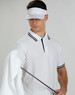 A white contrast sandwich visor worn by a model, paired with a light polo shirt and holding a golf club and towel.