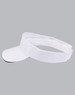 A white twill visor with a black underside and an adjustable strap, featuring a logo.