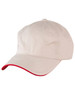 A beige cap with a contrasting red peak, featuring ventilation holes and a logo.