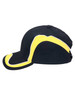 A black cap with yellow accents and a curved design, featuring a logo on the side.