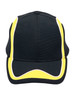 A black cap with yellow and white accents, featuring a logo on the front.