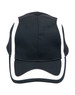 A black cap with white accents and a logo, featuring a structured design and curved brim.