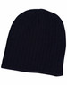 A navy cable knit beanie with a ribbed texture, featuring a logo on one side.