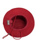 A red bucket hat with a wide brim and an internal chin strap. It has a label inside and features a logo.