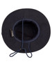 A navy blue brim and bucket hat with a drawstring, featuring an inner lining and a logo.