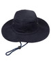 A navy blue brimmed bucket hat with a drawstring and an internal lining. Features a logo on the side.